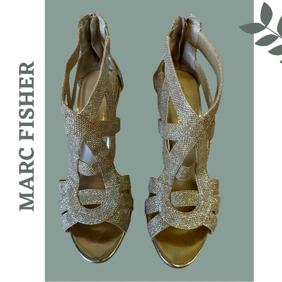 Marc Fisher Gold Glitter Strappy Heeled Sandal Size 8.5 - Picture 7 of 9